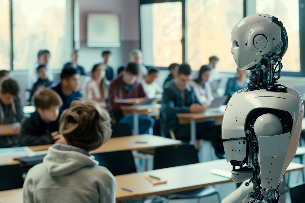 © erstellt mit Midjourney Ein Roboter steht vor einer Schulklasse und unterricht