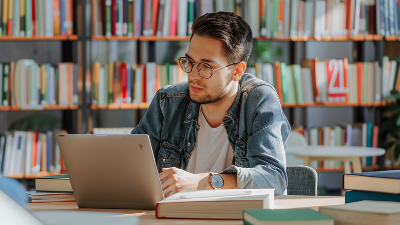 Ein Student sitzt inmitten von Büchern und überlegt.