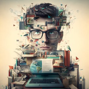Kopf eines jungen Mannes mit Brille umgeben von verschiedenen Medien als Symbol für künstliche Intelligenz