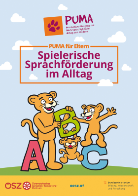 Cover des Spiralhefts mit dem Titel "PUMA, spielerische Sprachförderung für Eltern"