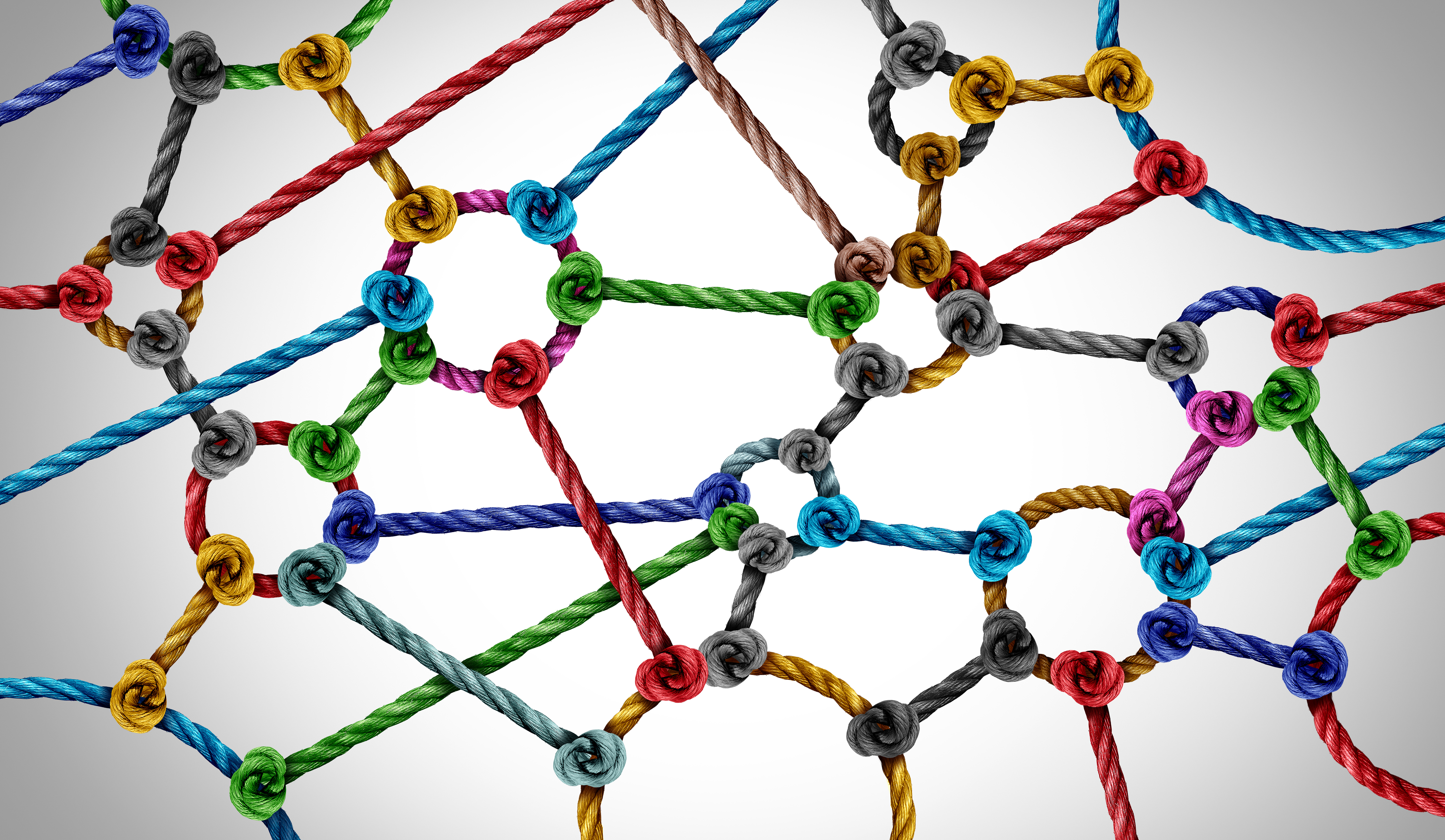 ©Adobe Stock Ein farbenfrohes Netzwerk aus verbundenen Linien und Knoten, das wie ein abstraktes Diagramm oder ein schematisches Modell aussieht. Die Linien sind in verschiedenen Farben dargestellt, darunter Rot, Blau, Grün und Gelb, und verbinden runde Knotenpunkte in einem komplexen Muster.