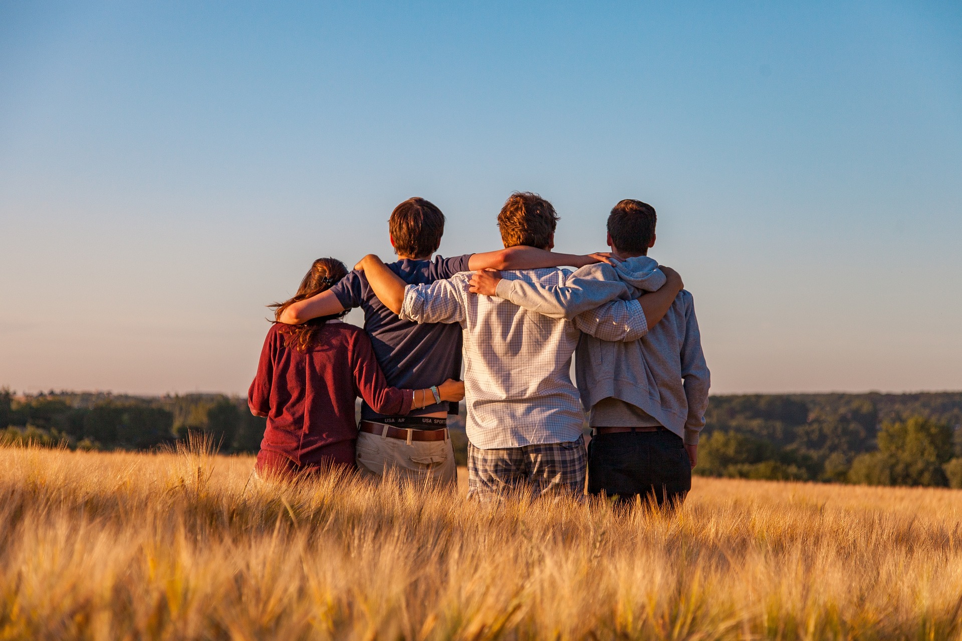 ©pixabay, Dimhou Vier junge Menschen stehen in einem Feld mit goldenem Getreide, Arm in Arm, und schauen in die Ferne. Die Sonne steht tief am Himmel und taucht die Szene in warmes Licht. Der Himmel ist klar und blau, und im Hintergrund sind Wälder zu sehen.